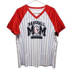 Baseball Mom Graphic V-Neck Shirt Red & White Striped Large